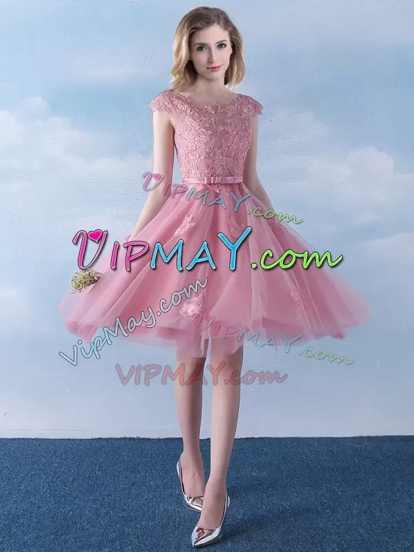 Pink Empire Tulle Scoop Cap Sleeves Appliques and Belt Knee Length Lace Up Damas Dress