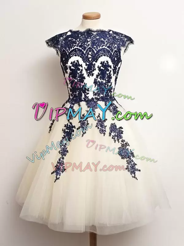 Ideal Blue And White Sleeveless Tulle Lace Up Wedding Party Dress for Prom and Party and Wedding Party