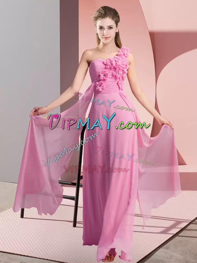 Dynamic Rose Pink One Shoulder Lace Up Hand Made Flower Bridesmaid Dresses Sleeveless