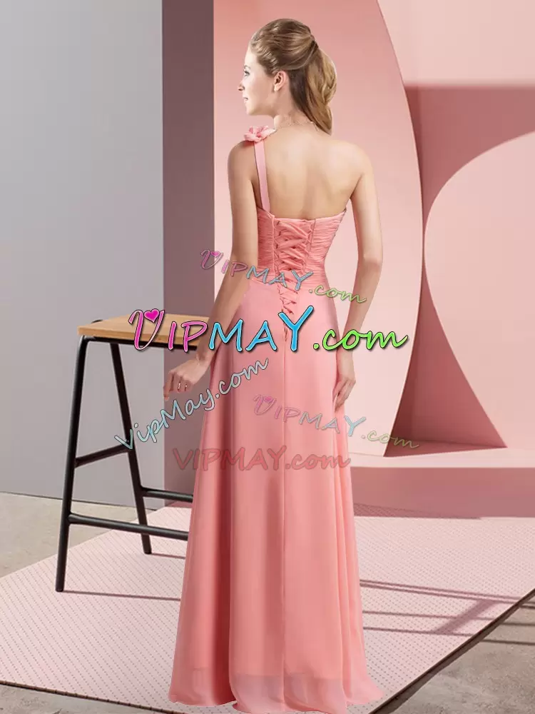 Dynamic Rose Pink One Shoulder Lace Up Hand Made Flower Bridesmaid Dresses Sleeveless