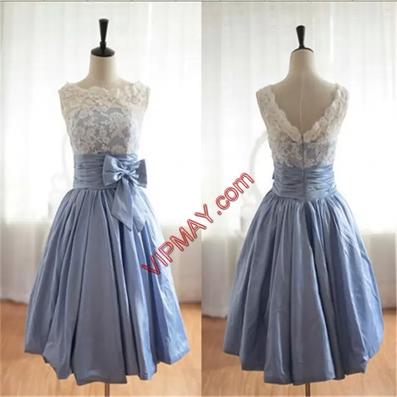 Bateau Sleeveless Zipper Bridesmaids Dress Light Blue Satin Lace