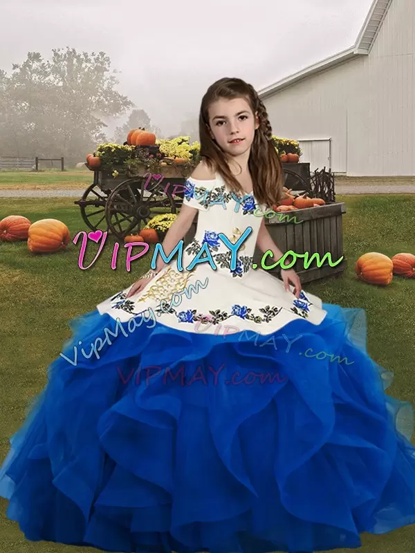 Cute Blue Ball Gowns Straps Sleeveless Organza Floor Length Lace Up Embroidery and Ruffles Pageant Dress for Teens