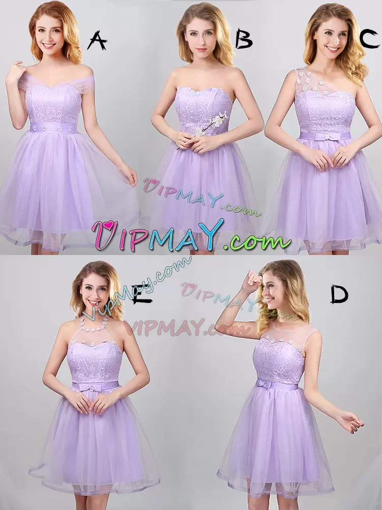 Hot Selling Lavender Off The Shoulder Neckline Lace and Appliques and Belt Bridesmaid Gown Short Sleeves Lace Up