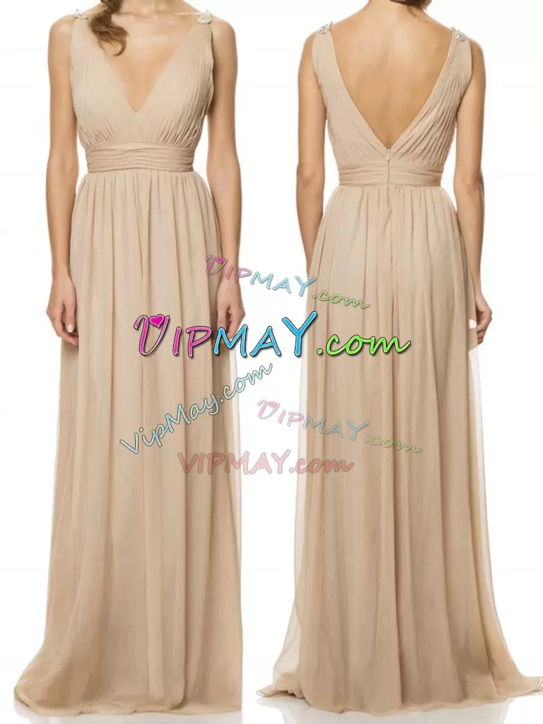 Champagne Sleeveless Chiffon Backless Bridesmaids Dress for Prom and Party and Military Ball and Beach and Wedding Party