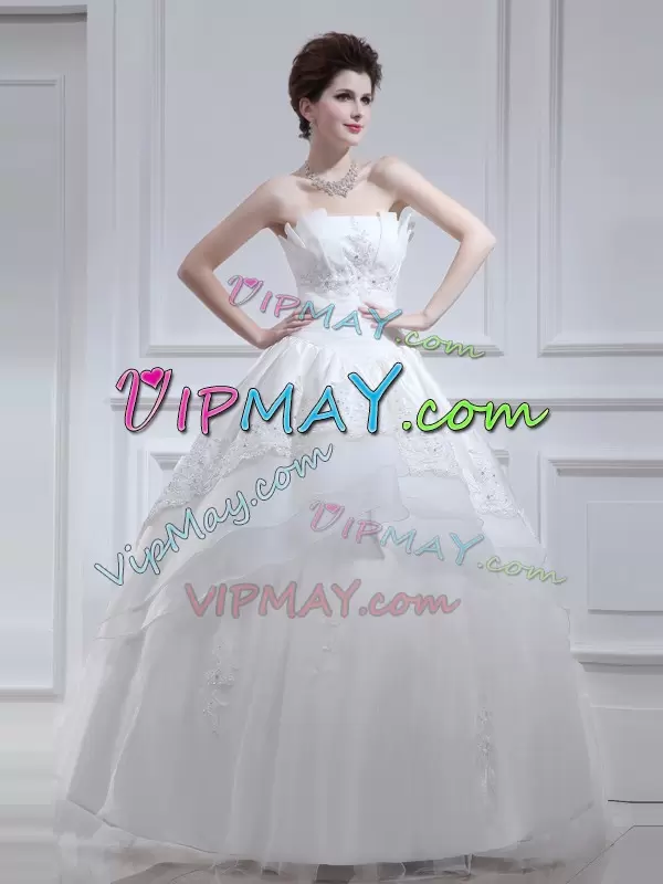 Flare White A-line Strapless Sleeveless Organza and Taffeta Floor Length Lace Up Beading and Appliques and Ruffled Layers Wedding Gowns