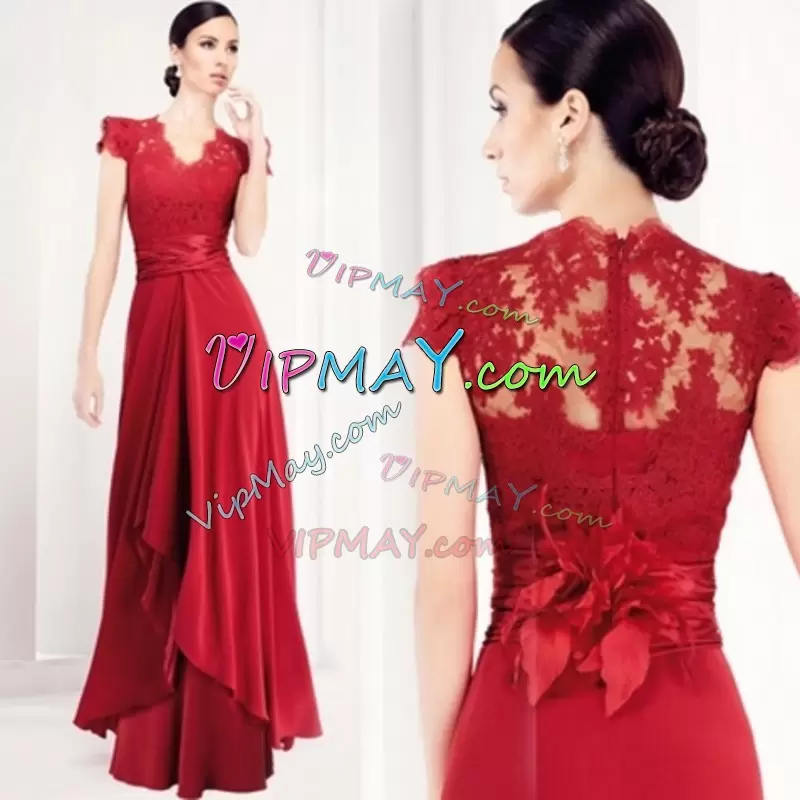 Fashionable Cap Sleeves Satin and Chiffon Floor Length Lace Up Dama Dress in Red with Beading and Lace