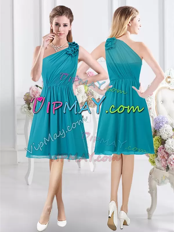 Customized Chiffon Sleeveless Knee Length Bridesmaid Dresses and Ruffles and Ruching and Belt