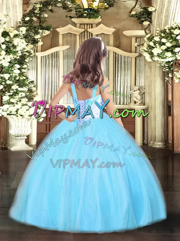 Beautiful Aqua Blue Tulle Lace Up Pageant Dress for Womens Sleeveless Floor Length Beading