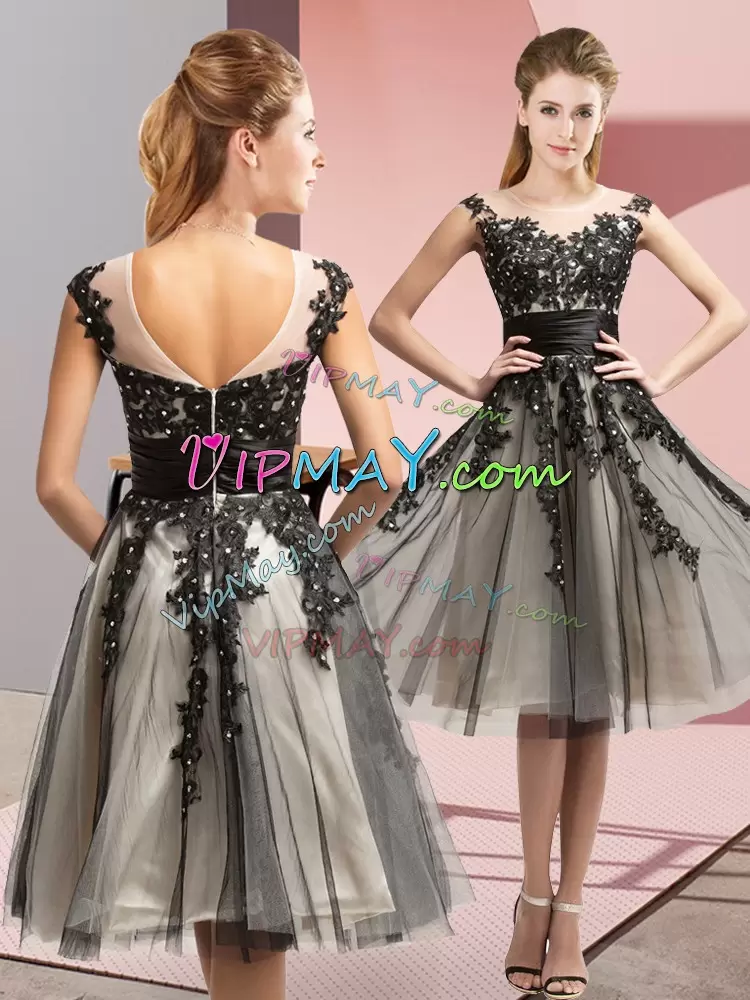 Sleeveless Knee Length Beading and Lace Zipper Wedding Guest Dresses with Black