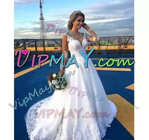 Clearance White V-neck Neckline Appliques Wedding Gowns Long Sleeves Clasp Handle