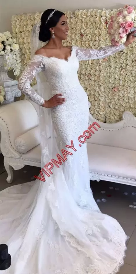 White Lace Up V-neck Lace Bridal Gown Tulle Long Sleeves Brush Train