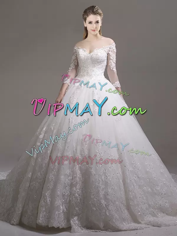 Off The Shoulder Half Sleeves Wedding Gowns Cathedral Train Lace and Appliques White Tulle