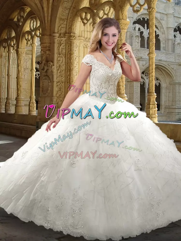 Gorgeous White Organza Zipper Wedding Gown Cap Sleeves Floor Length Beading and Ruffles