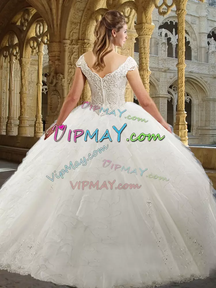 Gorgeous White Organza Zipper Wedding Gown Cap Sleeves Floor Length Beading and Ruffles