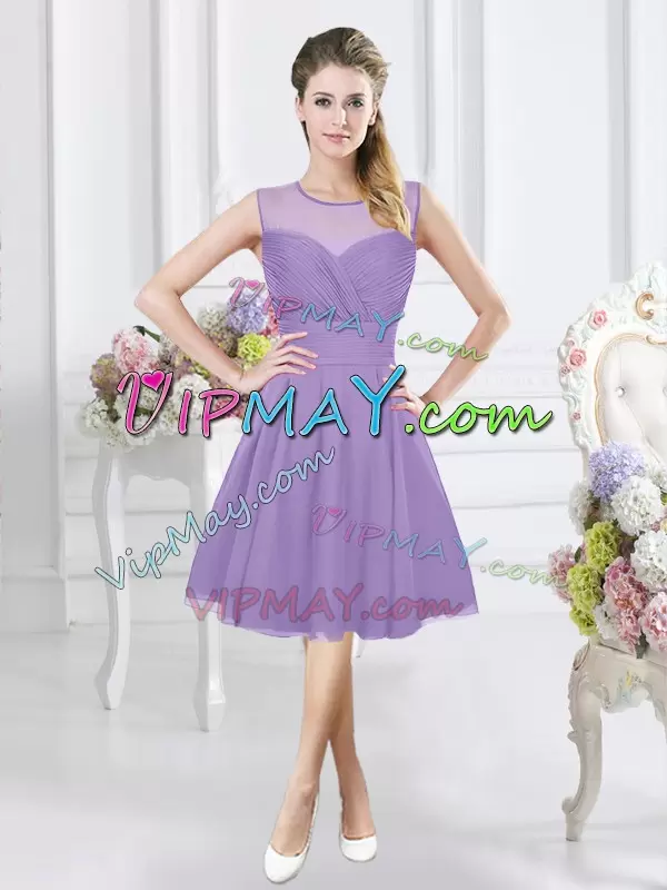 Unique Ruching Wedding Guest Dresses Lavender Zipper Sleeveless Knee Length