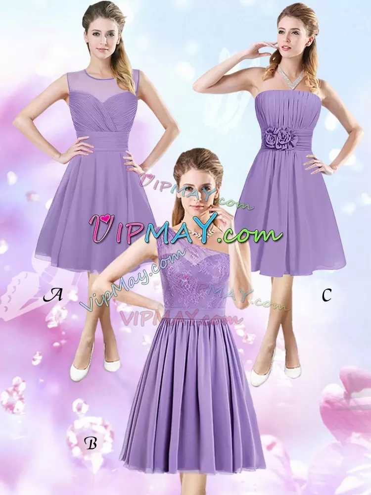 Unique Ruching Wedding Guest Dresses Lavender Zipper Sleeveless Knee Length