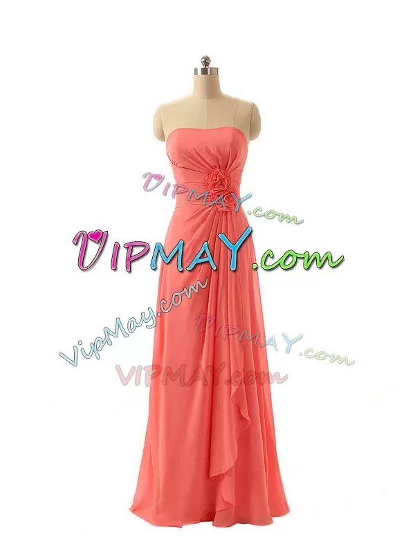 Strapless Sleeveless Bridesmaid Gown Floor Length Hand Made Flower Watermelon Red Chiffon