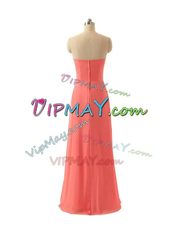 Strapless Sleeveless Bridesmaid Gown Floor Length Hand Made Flower Watermelon Red Chiffon