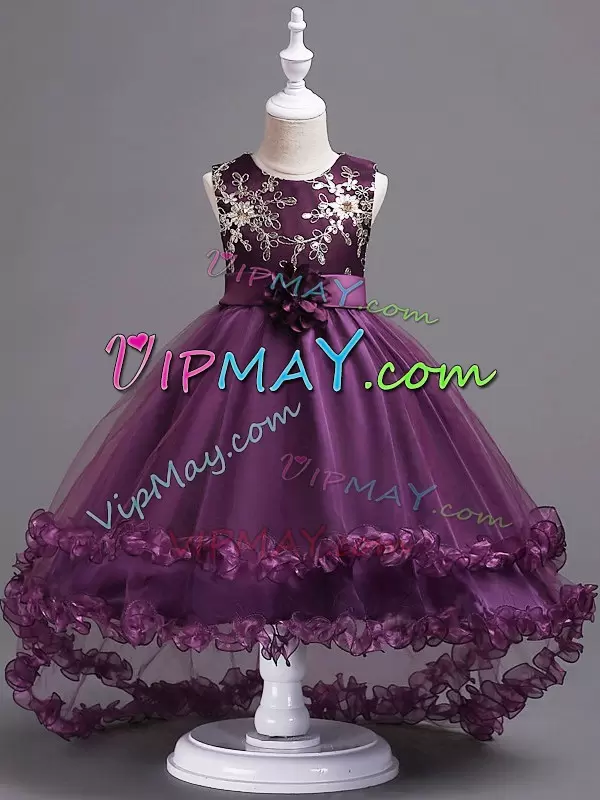 Unique Dark Purple Tulle Zipper Scoop Sleeveless High Low Pageant Gowns Appliques and Hand Made Flower