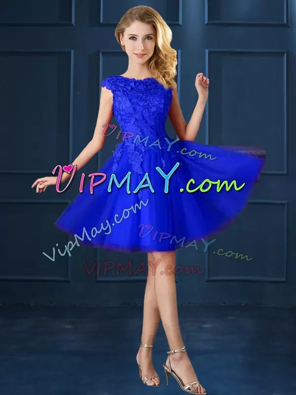 Traditional Blue Lace Up Bateau Lace and Belt Bridesmaid Gown Tulle Cap Sleeves
