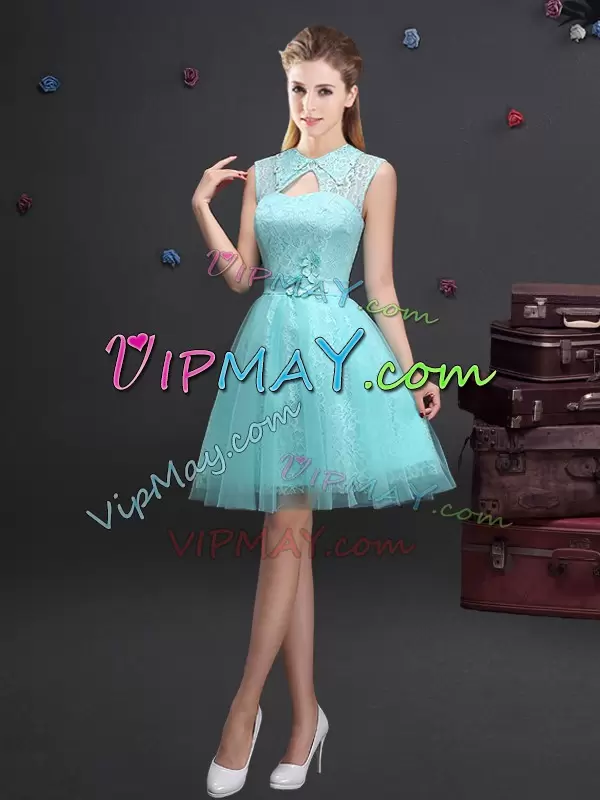 Customized Aqua Blue High-neck Illusion Lace Belt Short Dama Dress