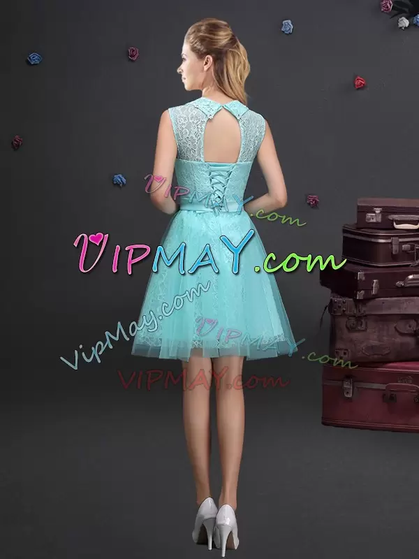 Customized Aqua Blue High-neck Illusion Lace Belt Short Dama Dress