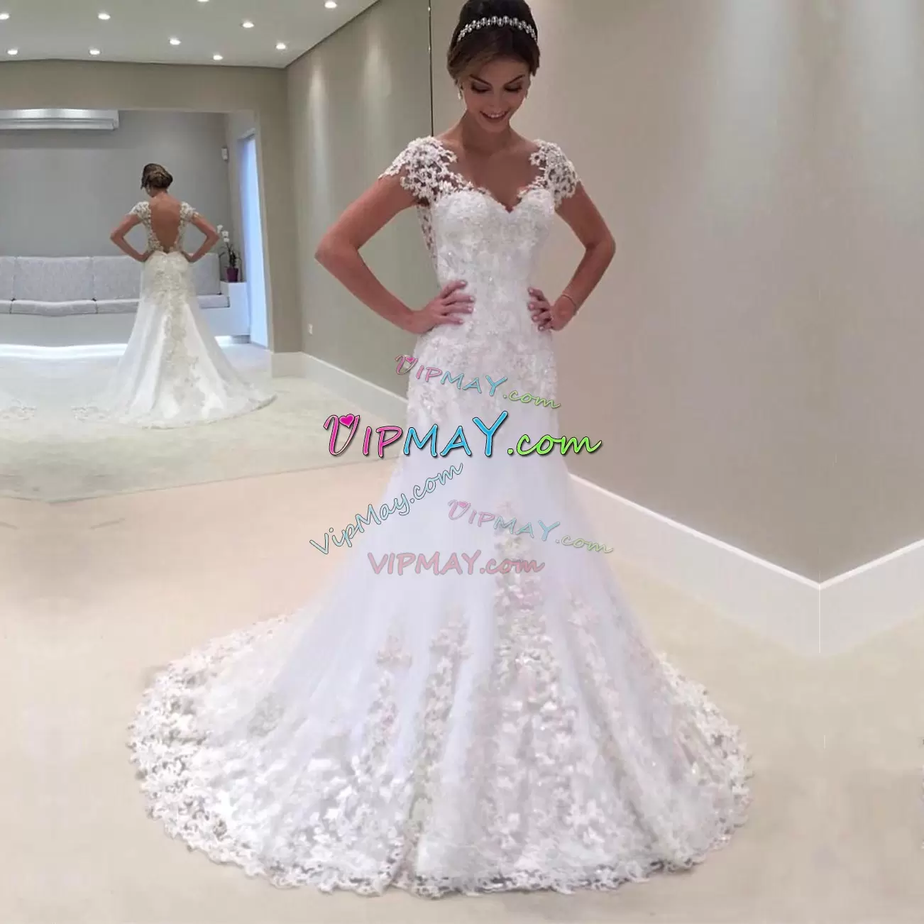 Attractive Cap Sleeves Lace Backless Wedding Gowns with White Sweep Train