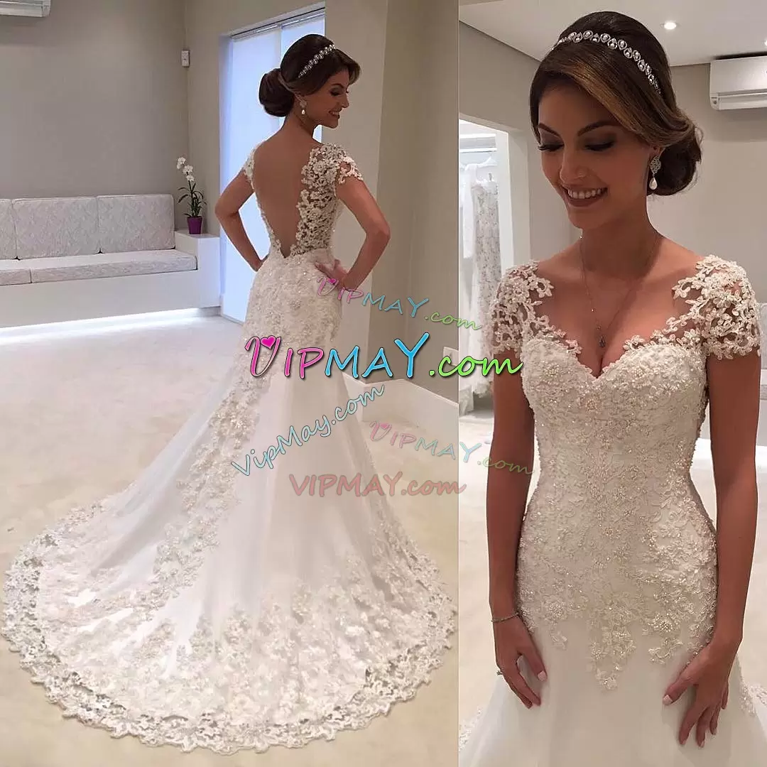Attractive Cap Sleeves Lace Backless Wedding Gowns with White Sweep Train