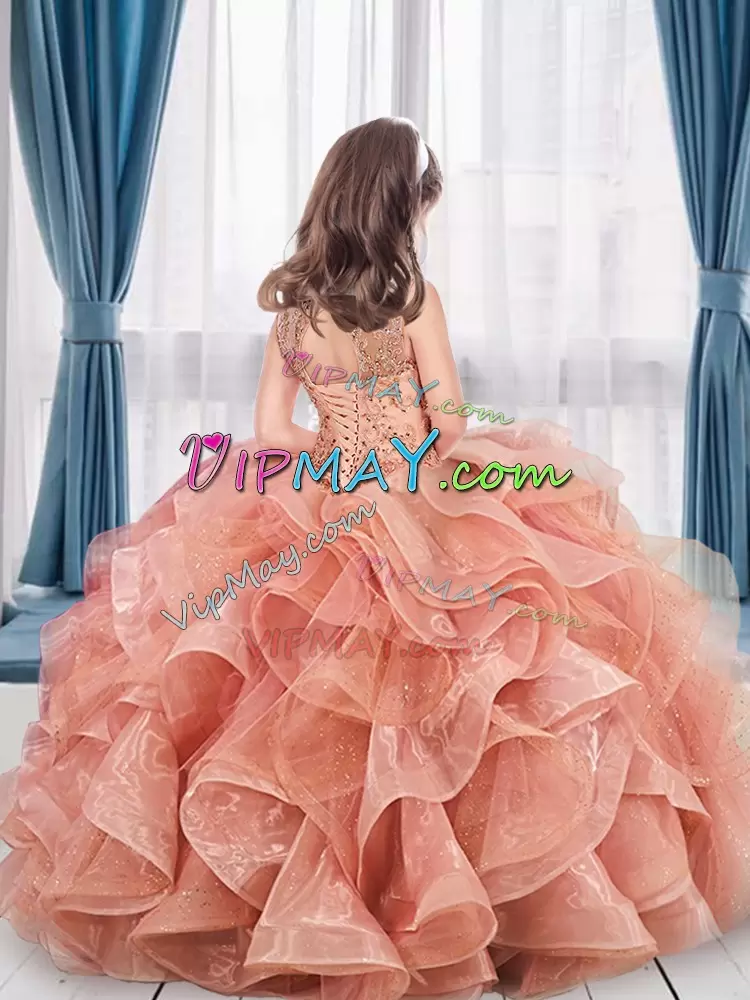 Cap Sleeves Sweetheart Sweep Train Beading and Lace Lace Up Little Girls Pageant Gowns