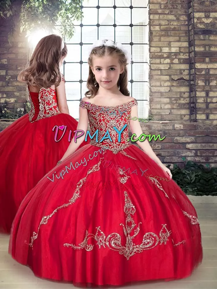 red little girl pageant dress,little girl pageant dress with straps,off the shoulder pageant dress for girls,princess gown for kids,kids pageant dress under 150,