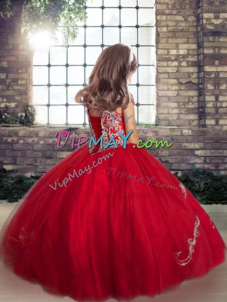 red little girl pageant dress,little girl pageant dress with straps,off the shoulder pageant dress for girls,princess gown for kids,kids pageant dress under 150,