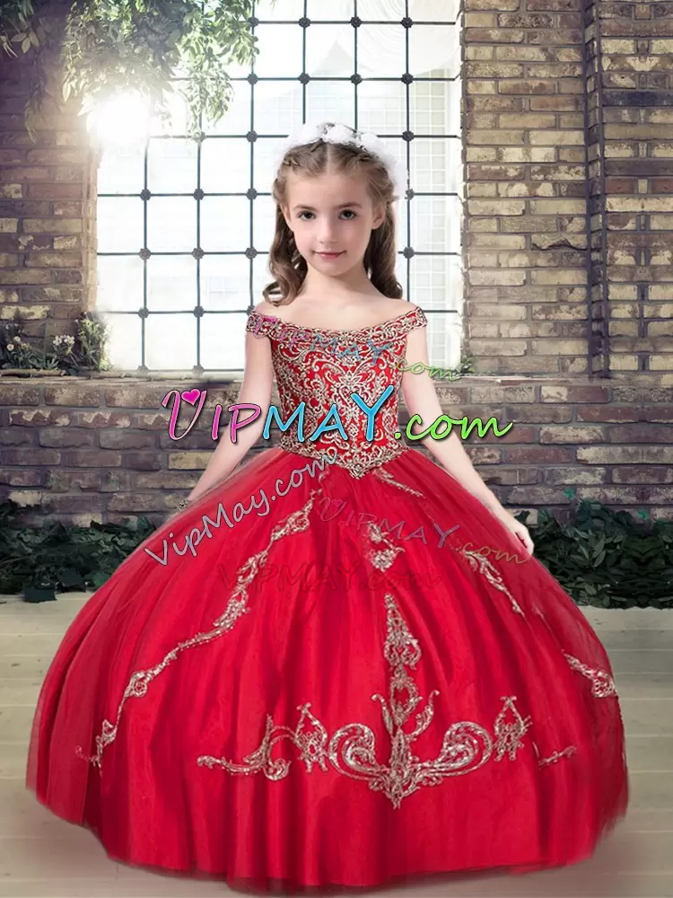 red little girl pageant dress,little girl pageant dress with straps,off the shoulder pageant dress for girls,princess gown for kids,kids pageant dress under 150,