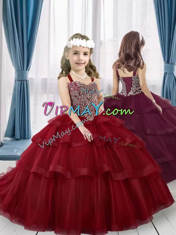 Wine Red Sleeveless Tulle Brush Train Lace Up Winning Pageant Gowns for Party and Wedding Party