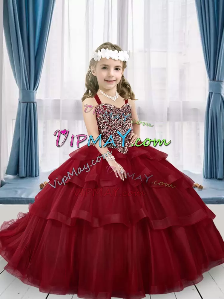 Wine Red Sleeveless Tulle Brush Train Lace Up Winning Pageant Gowns for Party and Wedding Party