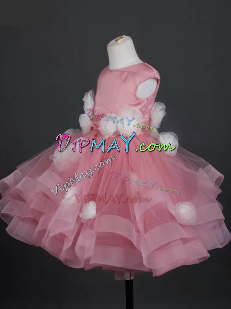 Pink Ball Gowns Ruffles and Hand Made Flower Glitz Pageant Dress Zipper Tulle Cap Sleeves Knee Length