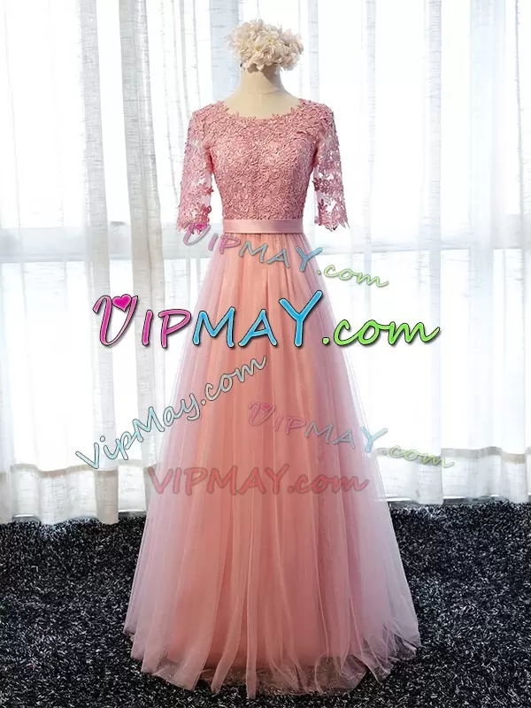 Clearance Pink Scoop Lace Up Lace Bridesmaid Gown Half Sleeves