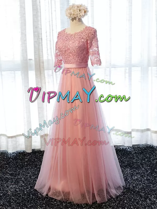 Clearance Pink Scoop Lace Up Lace Bridesmaid Gown Half Sleeves