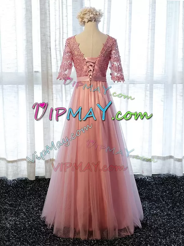 Clearance Pink Scoop Lace Up Lace Bridesmaid Gown Half Sleeves