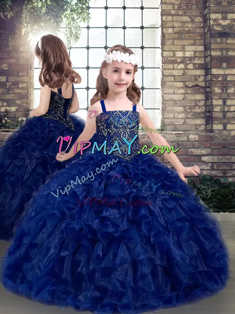 Sleeveless Floor Length Beading and Ruffles Lace Up Little Girl Pageant Gowns with Blue