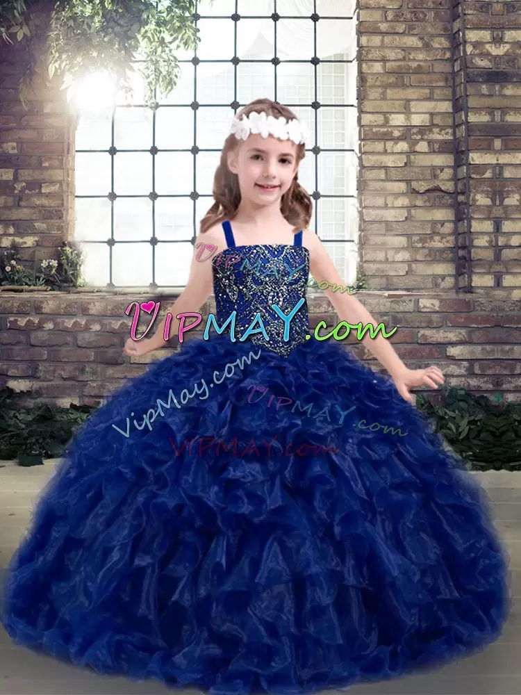 Sleeveless Floor Length Beading and Ruffles Lace Up Little Girl Pageant Gowns with Blue