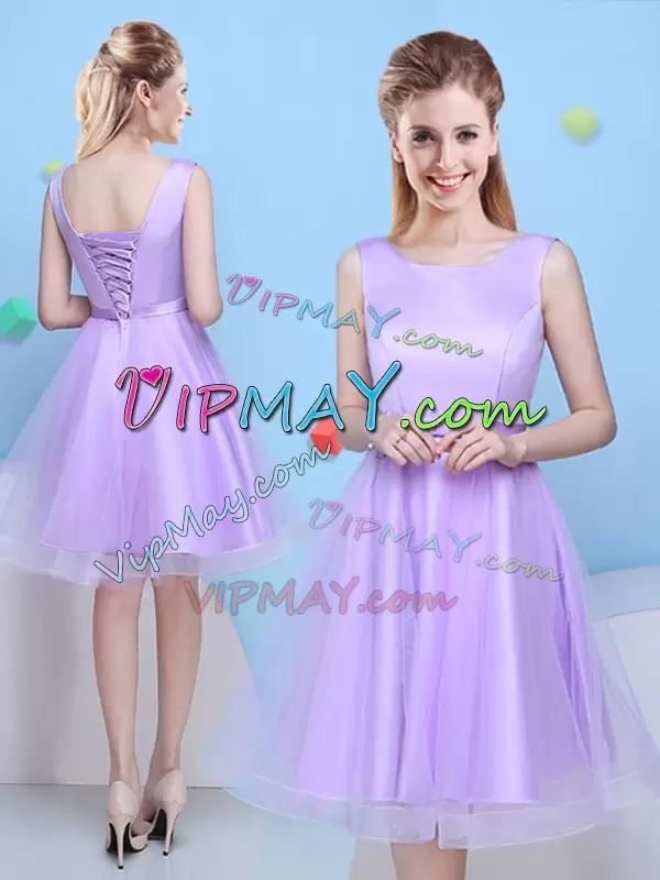 Captivating Lavender A-line Bowknot Bridesmaid Dress Lace Up Tulle Sleeveless Knee Length