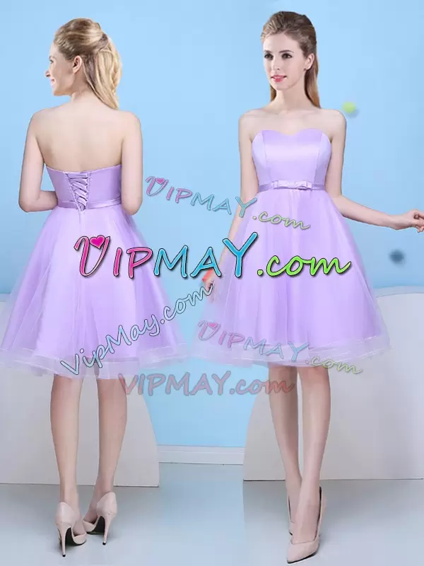 Captivating Lavender A-line Bowknot Bridesmaid Dress Lace Up Tulle Sleeveless Knee Length