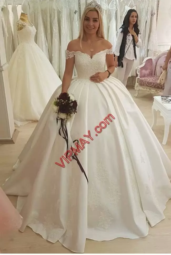 White Off The Shoulder Neckline Lace Wedding Gown Sleeveless Lace Up