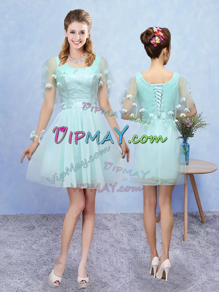 Appliques Wedding Guest Dresses Aqua Blue Lace Up Sleeveless Mini Length