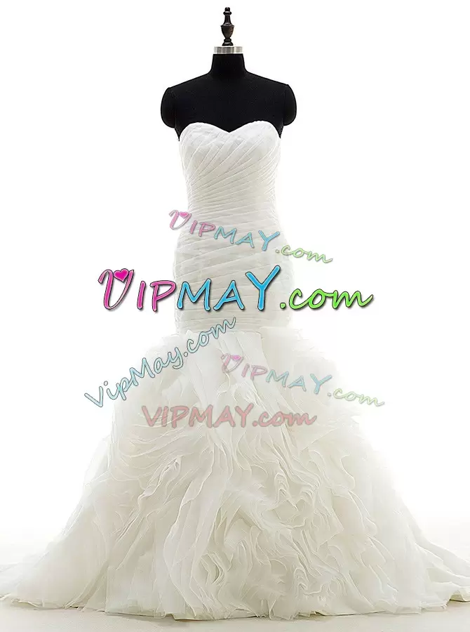 Sweetheart Sleeveless Brush Train Lace Up Wedding Dress White Organza Ruffles and Ruching