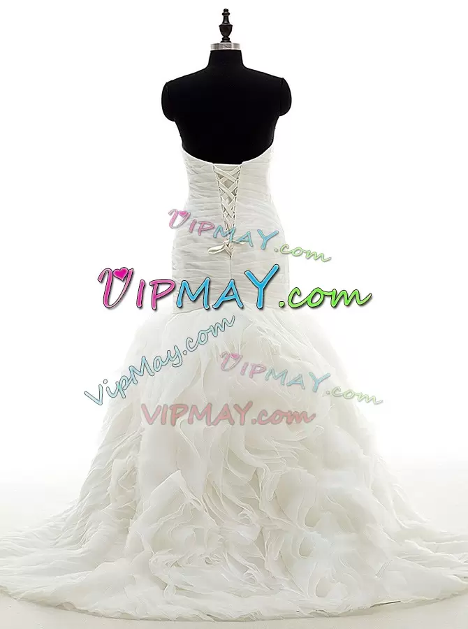 Sweetheart Sleeveless Brush Train Lace Up Wedding Dress White Organza Ruffles and Ruching