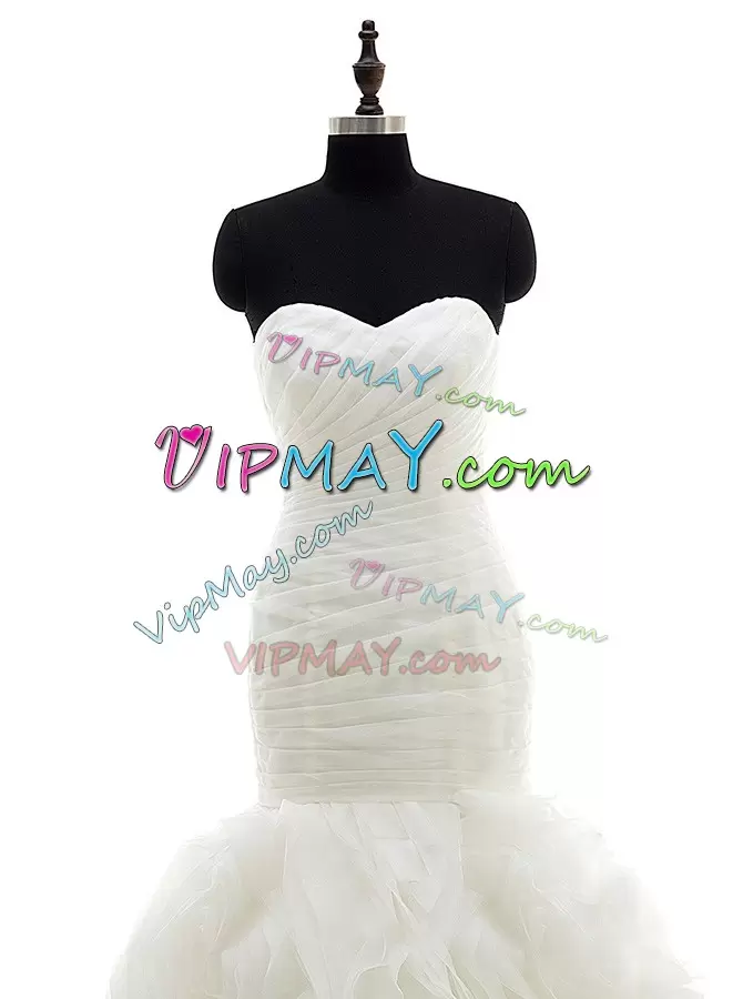 Sweetheart Sleeveless Brush Train Lace Up Wedding Dress White Organza Ruffles and Ruching