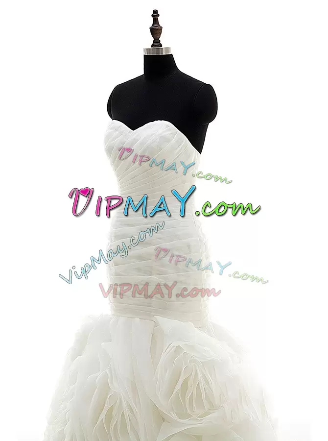 Sweetheart Sleeveless Brush Train Lace Up Wedding Dress White Organza Ruffles and Ruching