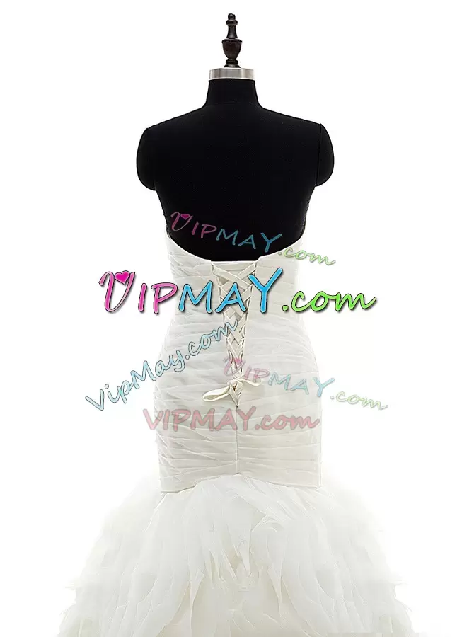 Sweetheart Sleeveless Brush Train Lace Up Wedding Dress White Organza Ruffles and Ruching