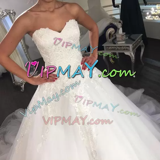 Sweet White Sleeveless Floor Length Lace Wedding Gown Sweetheart